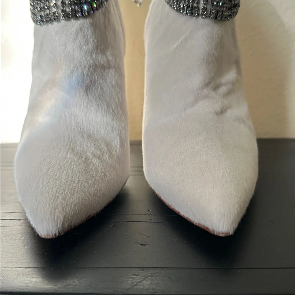 Manolo Blahnik Bomabi Calf Hair & Crystal White Ankle Pointed Toe Booties 38